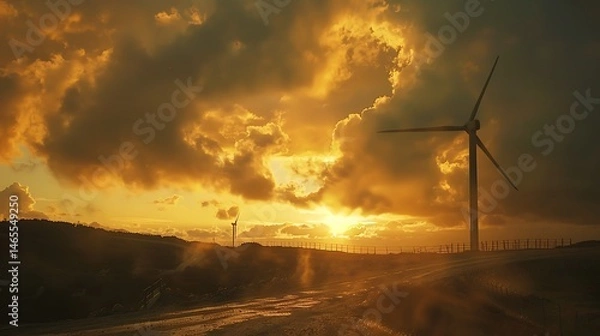 Fototapeta Wind turbines under a dramatic sky at sunset casting a golden glow over the landscape view scene nature .
