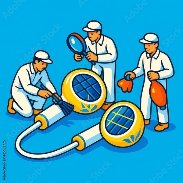 Fototapeta  Tres personas diminutas limpian y examinan auriculares solares gigantes con lupas, brochas y paños, sobre fondo azul.
