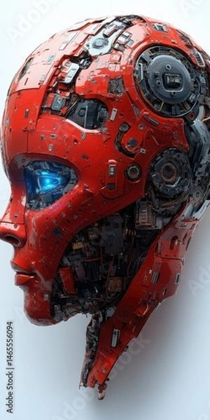 Fototapeta Complex Metallic Red Humanoid Robot Head with Glowing Blue Eye, Detailed Internal Machinery and Futuristic Appearance Isolated