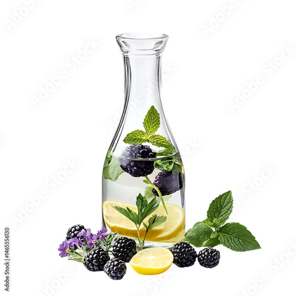 Fototapeta Bottle of Lemon and Blackberry Syrup with Lemon Slice Isolated on Transparent Background