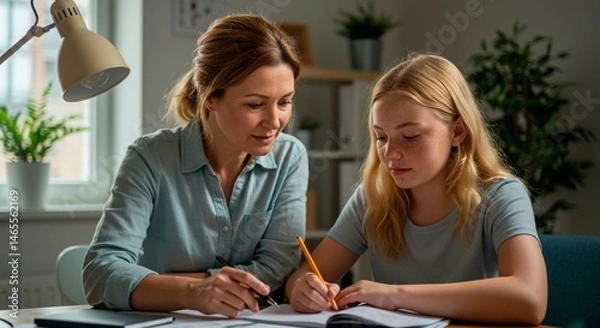 Obraz A girl does homework with a blonde woman in a bright room with a white table and white chairs