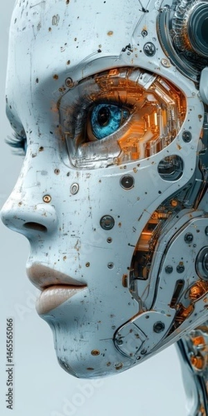 Fototapeta Detailed facial close-up of a humanoid female robot, featuring intricate mechanics, circuits, a striking blue eye, and advanced technology