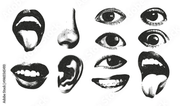Fototapeta Halftone stipple mouth, eyes, nose, lips elements set. People smile and scream.Vector retro face photocopy set. 