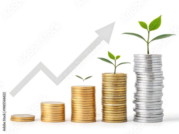 Fototapeta Stacks of coins with plants growing from them and an arrow pointing up on a white background