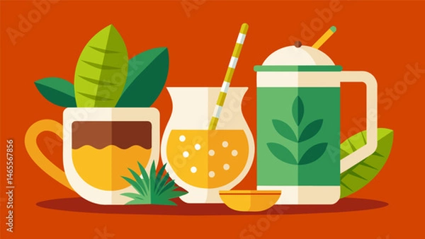Fototapeta A section dedicated to traditional beverages with displays of mate horchata and tejate along with their cultural significance.. Vector illustration