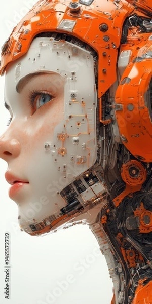 Fototapeta Profile closeup showcases a futuristic robotic head with pale skin, blue eyes, and intricate orange mechanical components.