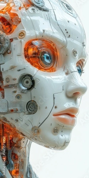 Fototapeta Close-up of a White Mechanical Female Android Head with Orange Components and Blue Eyes, Set Against a Plain Background
