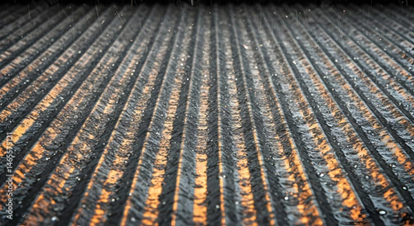 Fototapeta Raindrops On Corrugated Metal Creating Textured Backgrounds And Visual Effects