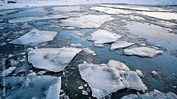Fototapeta Broken ice floes on a frozen body of water.