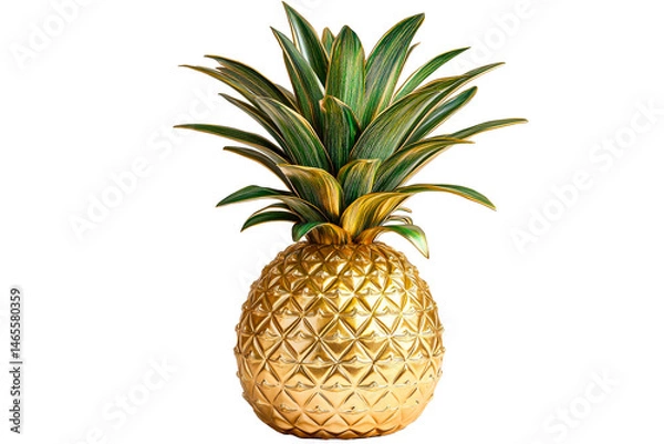 Obraz Golden pineapple fruit with green leaves, cut out transparent