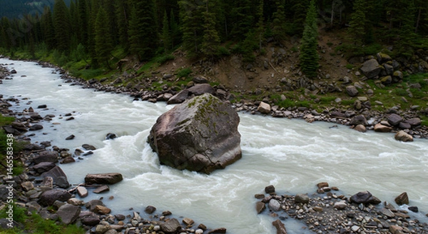Fototapeta Immovable Boulder In The Rushing Stream Surrounded By Coniferous Trees