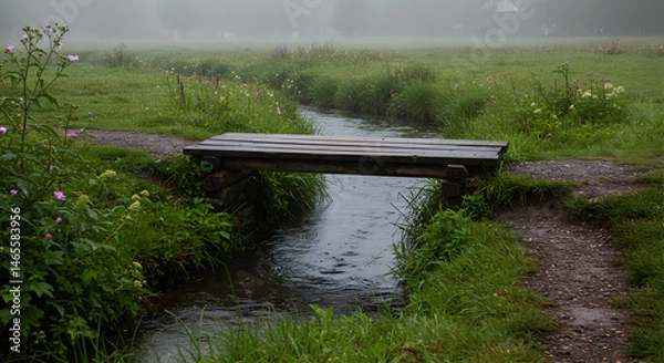 Fototapeta Rustic Wooden Bridge Across Creek In Misty Meadow Scenery