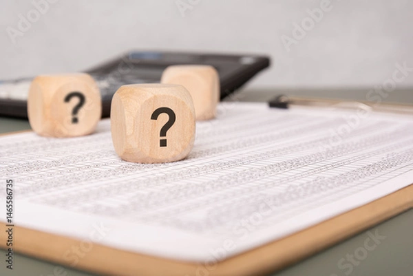 Obraz Wooden block with question mark on financial document, symbolizing uncertainty