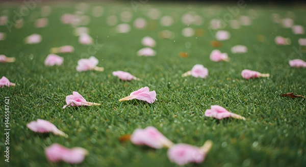 Fototapeta Pink Flower Petals Scattered on Green Grass in Spring Season