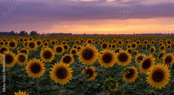 Fototapeta Sunflowers Shining Brightly Under The Colorful Sunset Sky In The Field