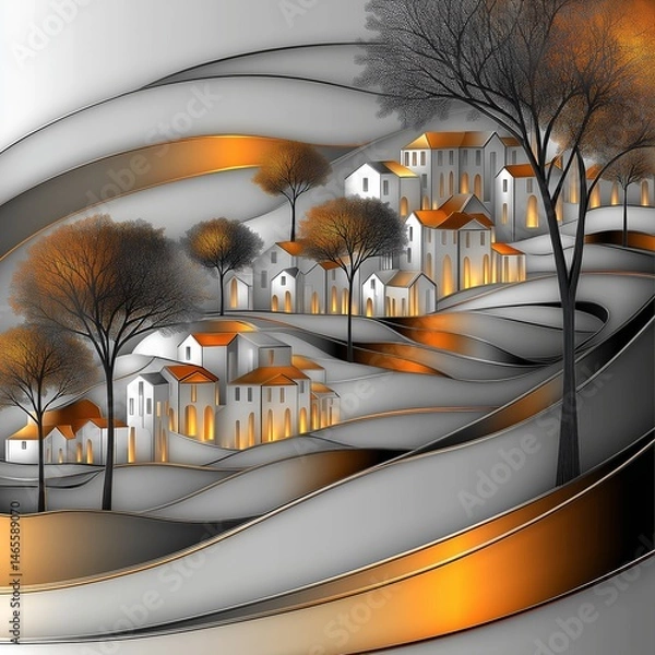Fototapeta Illustration of a stylized little hilly village in orange, gray, black and white