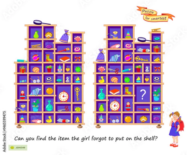 Fototapeta Can you find the item the girl forgot to put on the shelf? Logic puzzle for smartest. Educational game for children. Page for kids brain teaser book. Task for attentiveness. Play online. Flat vector