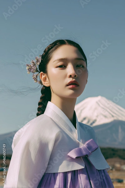 Fototapeta Korean woman in hanbok with Mount Fuji in the background (Generative AI)
