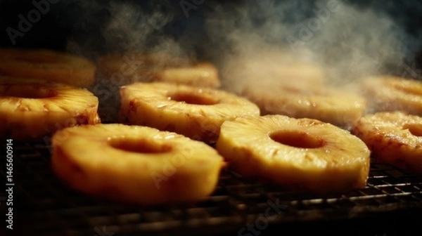 Fototapeta Sliced pineapples are being grilled on a barbecue, with smoke rising around the juicy fruit rings.