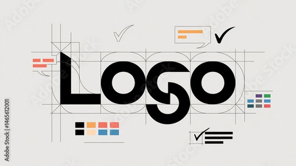 Fototapeta Geometric logo design mockup, showcasing a stylized "LOGO" wordmark within a grid, illustrating design process and brand identity creation