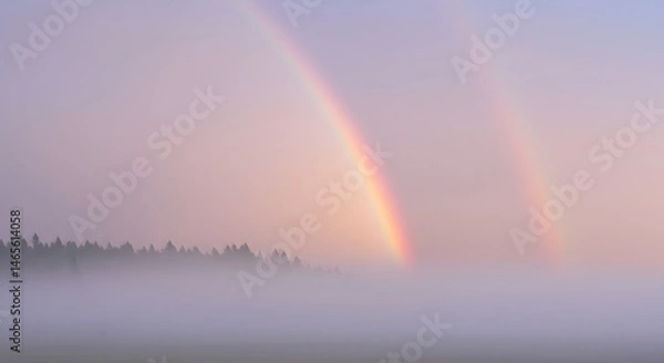 Fototapeta Mystical Landscape With Rainbows And Fog Above The Forest Trees Scenery