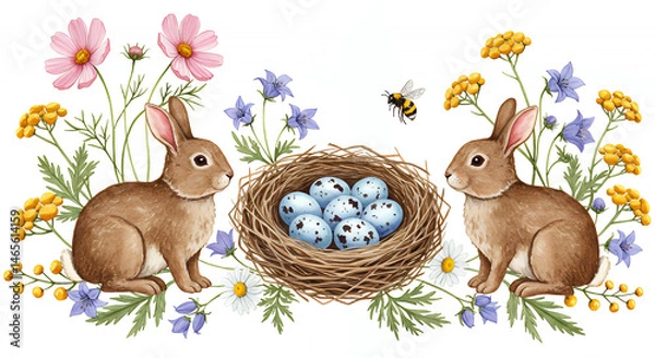 Fototapeta Watercolor easter bunnies with nest and eggs surrounded by flowers spring illustration art print design on transparent background silhouette