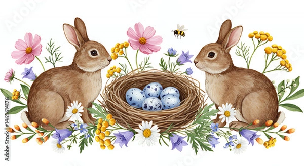 Fototapeta Watercolor easter bunnies with nest and eggs spring flowers easter illustration easter card easter decor art 100 on transparent background silhouette