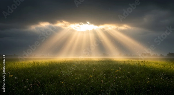 Fototapeta Sunbeams Breaking Through Storm Clouds Illuminating A Vibrant Green Field