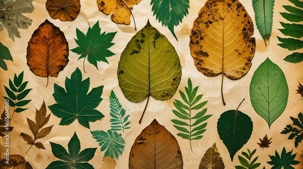 Fototapeta Pressed leaves foliage collection on aged textured parchment paper, botanical print style. Realistic horizontal image.