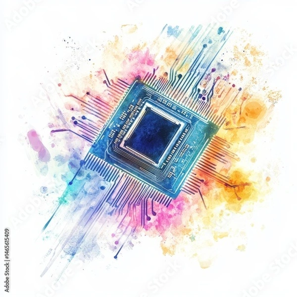 Fototapeta Watercolor Circuit Microchip Abstract - Abstract artwork depicting a microchip with watercolor splash effect. Symbolizes technology, innovation, progress, connectivity, and future