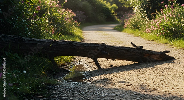 Fototapeta Fallen Tree Blocking a Pathway Through a Peaceful Green Landscape