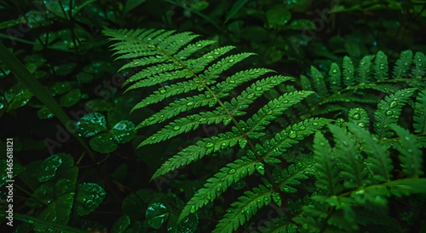 Fototapeta Lush Fern Fronds Adorned With Glistening Raindrops In Tranquil Forest Ambience