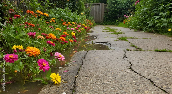 Fototapeta Colorful Zinnias Bloom Along a Cracked Concrete Pathway After a Rainfall