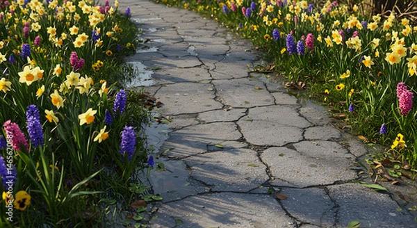 Fototapeta Enchanting Springtime Path With Vibrant Blooms And Weathered Texture