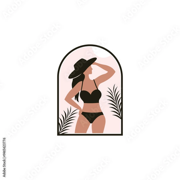 Fototapeta Logo design of a woman in a bikini in boho design style, symbolizing freedom, summer vibes, and a carefree lifestyle, often featuring natural, earthy elements and intricate details.

