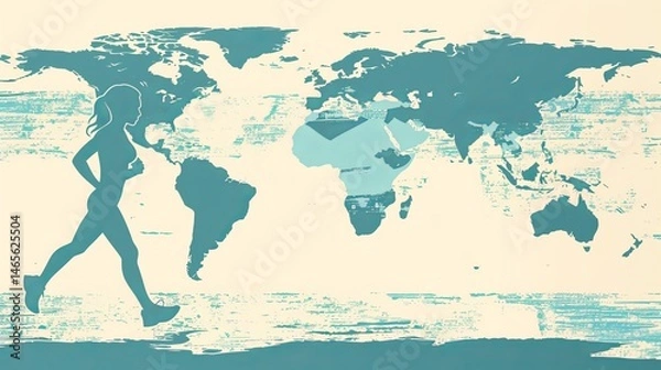 Fototapeta World map with runner icon simple poster for Running Day