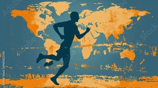 Fototapeta World map with runner icon simple poster for Running Day