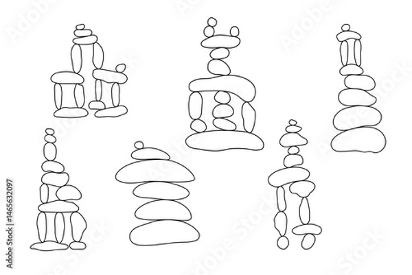 Obraz Zen stone cairns set in simple doodle style outline vector illustration symbolizing balance, harmony, meditation, relax, yoga concept, boho stone pyramid clipart for poster, card, print, wall art