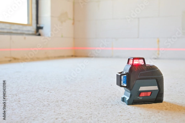 Obraz A person using a laser level tool on a smooth surface to ensure accurate measurements, showcasing the practicality of technology in construction and home improvement projects