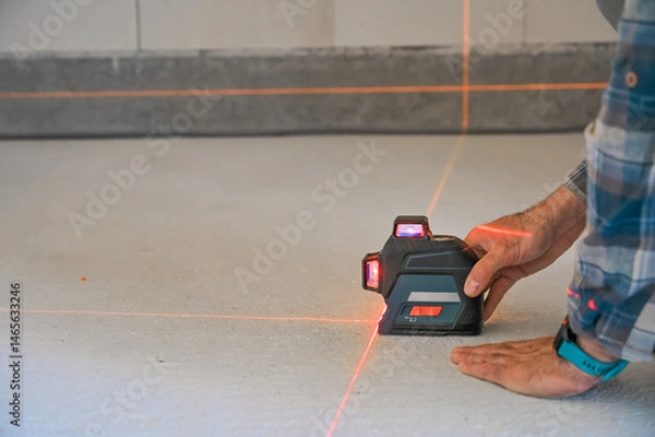 Obraz A person using a laser level tool on a smooth surface to ensure accurate measurements, showcasing the practicality of technology in construction and home improvement projects