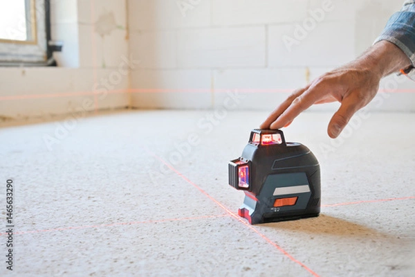 Fototapeta A person using a laser level tool on a smooth surface to ensure accurate measurements, showcasing the practicality of technology in construction and home improvement projects