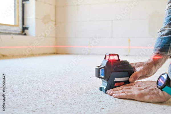Obraz A person using a laser level tool on a smooth surface to ensure accurate measurements, showcasing the practicality of technology in construction and home improvement projects