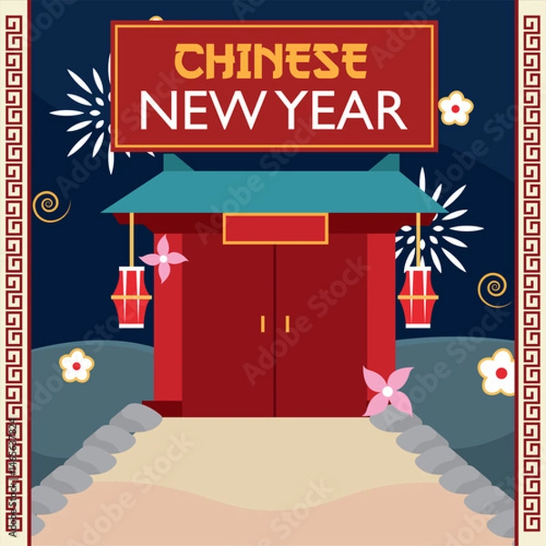 Fototapeta Temple and fireworks scene. Vector