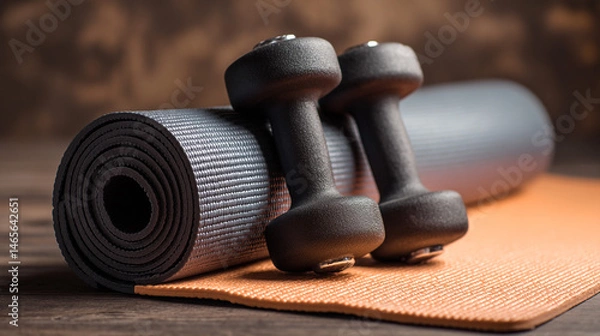 Fototapeta Dumbbells and yoga mat, ready for an intense workout session in a studio setting.