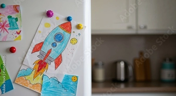 Fototapeta Collage of child creativity with rocket drawing on refrigerator in kitchen with magnets