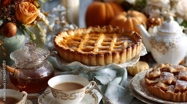 Fototapeta A delightful autumn scene featuring pies, tea, and pumpkins, ready for a warm celebration.