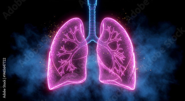 Fototapeta Human lungs in glowing pink and blue neon colors, floating against a dark background, digital 3D rendering. Concepts: respiratory system, health, anatomy, pulmonology, healthcare, medical education.