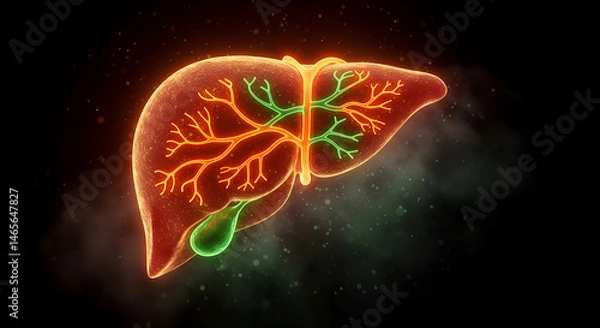 Fototapeta Human liver anatomy glowing in neon orange with green bile ducts, floating on dark background in digital 3D rendering Concepts healthcare, organ function, internal medicine, technology, digital health