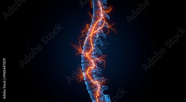 Fototapeta 3D rendering of human spine glowing in electric blue and red neon lines, floating against dark background Concepts spinal health, nervous system, human body, orthopedics, healthcare, medical visualiza