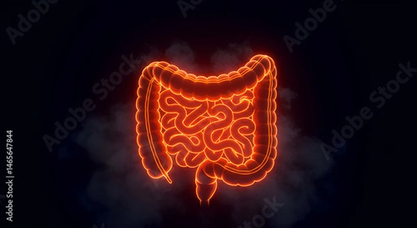 Fototapeta Bright orange digital rendering of human intestines isolated on dark background, emphasizing digestive tract anatomy Concepts internal organs, biology, gastrointestinal health, gastro health, anatomy 